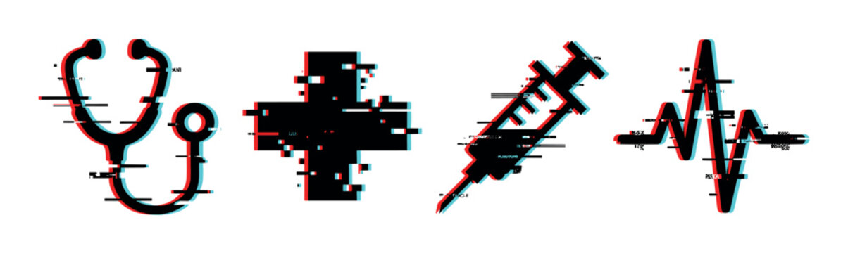 Stethoscope cross syringe heartbeat medical icons set with glitch effect and anaglyph 3D stereo style
