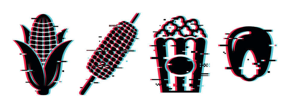 Corn cob popcorn kernel icons with glitch effect, a modern digital art style vector illustration set