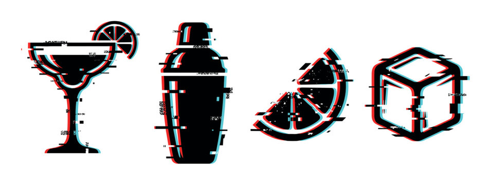 Margarita glass, cocktail shaker, lemon slice, ice cube icons with glitch effect vector illustration
