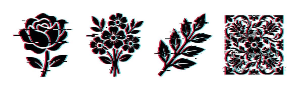 Rose flower bouquet leaves ornate pattern with glitch effect vector illustration set