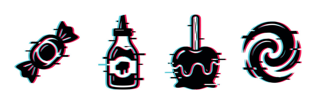 Candy caramel apple sauce lollipop icons with glitch effect, vector illustration set