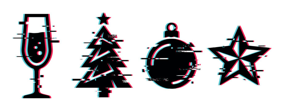 Champagne glass Christmas tree ornament star icons with modern glitch effect, vector illustration