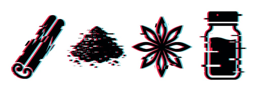 Cinnamon stick powder star anise spice jar icons with glitch effect, vector illustration