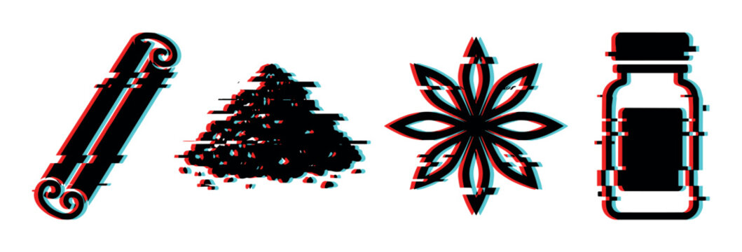 Cinnamon stick, ground spice, star anise, and spice jar icons with a modern glitch effect vector illustration