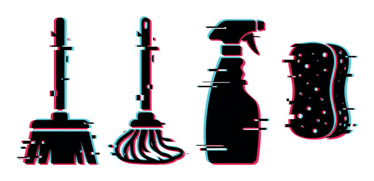 Broom mop spray bottle sponge cleaning tools icon set with glitch effect vector illustration