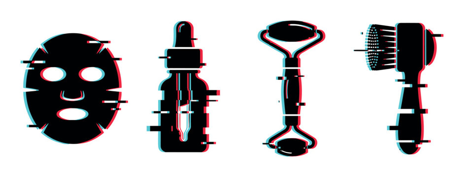 Face mask serum dropper jade roller facial brush icons with glitch effect, vector illustration for beauty and skincare