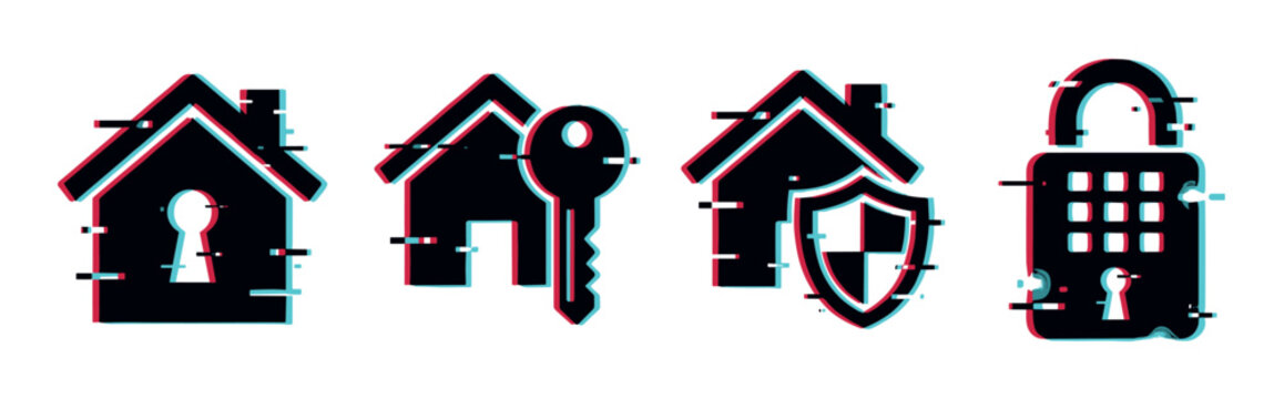 House key shield padlock security icons with modern glitch effect, digital distortion, and RGB shift for data protection concept