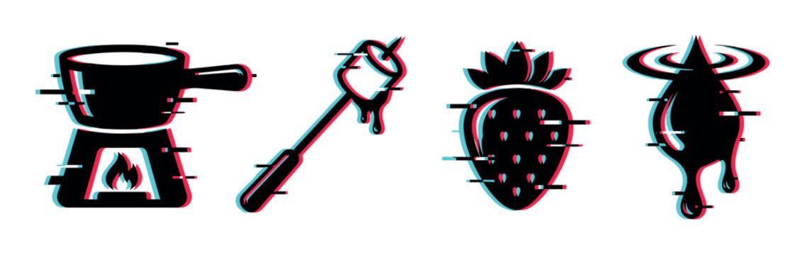 Fondue pot, marshmallow skewer, strawberry, and chocolate drip icons with a modern glitch effect vector illustration