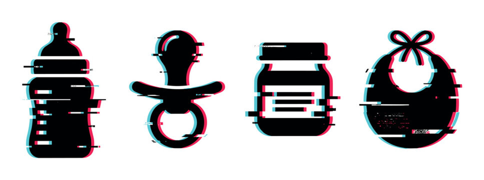 Baby bottle pacifier jar bib icons with glitch effect, vector illustration for newborn care and feeding