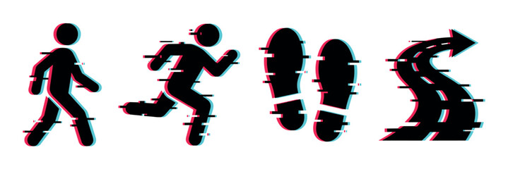 Obraz premium Walking running man footprints arrow icons with modern glitch effect, vector illustration