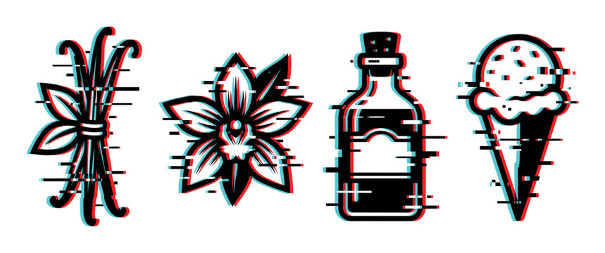 Vanilla pods flower extract bottle ice cream cone icons with glitch effect, vector illustration