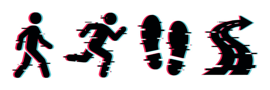 Walking running man footprints arrow icons with modern glitch effect, vector illustration