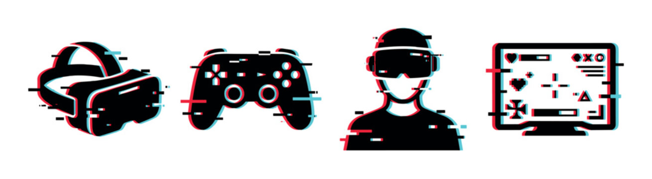 Virtual reality headset, game controller, gamer, and computer monitor icons with glitch effect