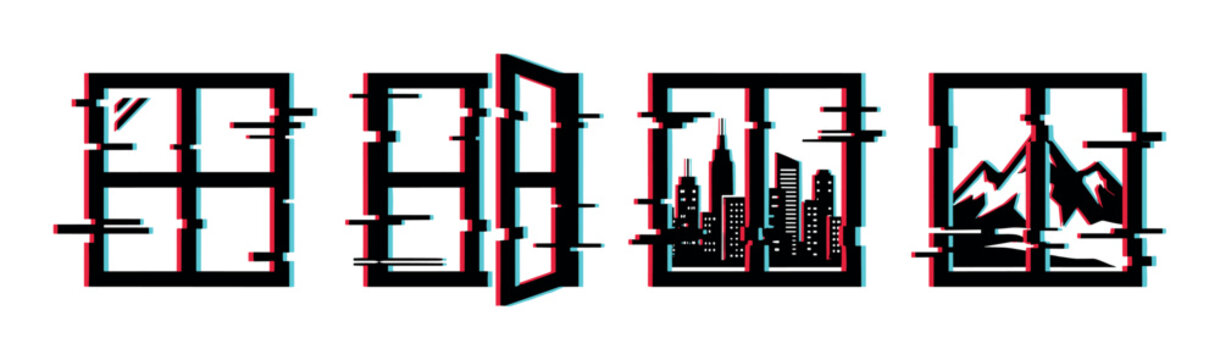 Window frames with city skyline and mountain landscape views in a modern glitch effect vector illustration