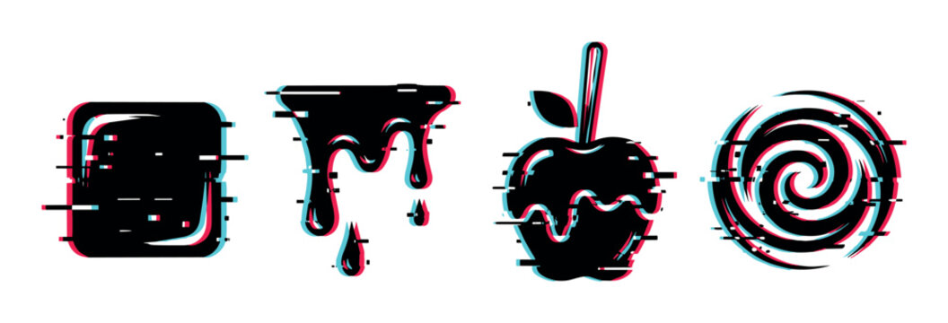 Square shape, dripping liquid, candy apple, and spiral lollipop icons with a modern glitch effect vector illustration