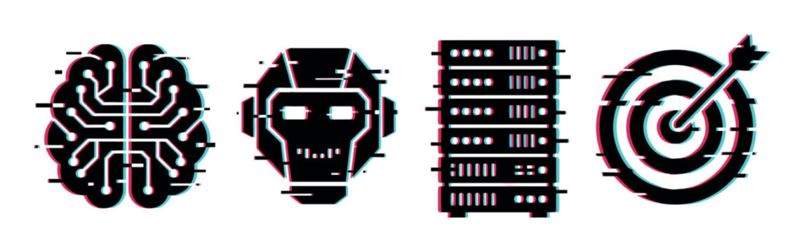 Brain circuit robot head server rack target icons with glitch effect, representing artificial intelligence and data technology