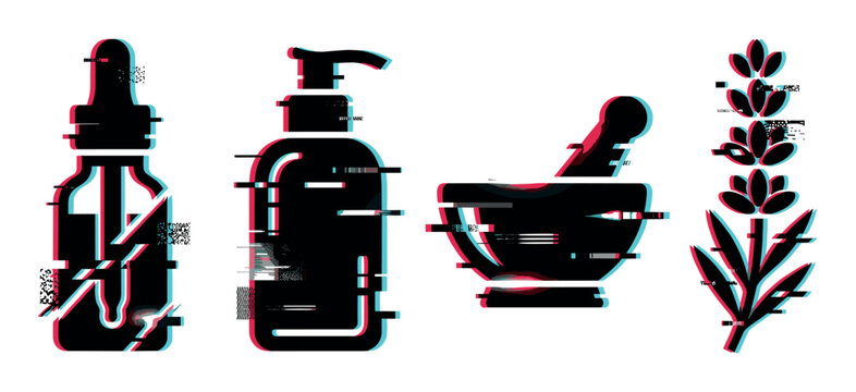 Dropper bottle, pump dispenser, mortar pestle, lavender flower icons with glitch effect, vector illustration