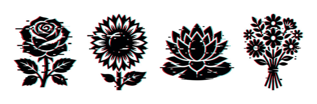 Rose sunflower lotus bouquet flowers with glitch effect vector illustration set for digital art and modern design
