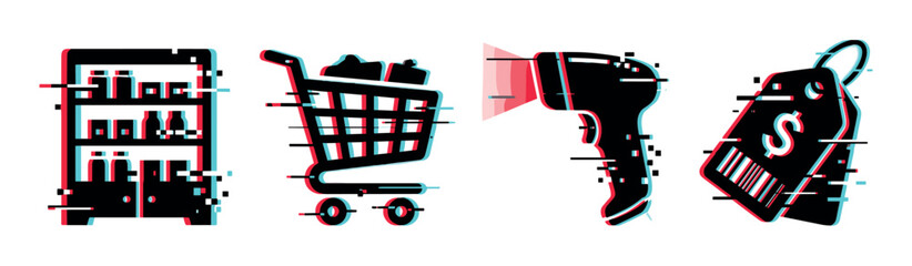 Fototapeta premium Shopping shelf cart scanner price tag icons with glitch effect, vector illustration for retail and commerce