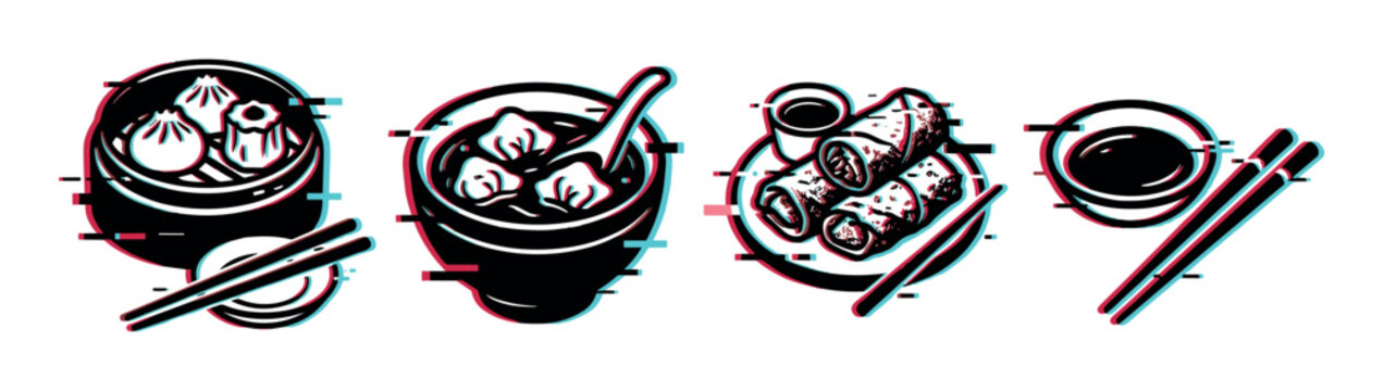 Dim sum dumplings soup spring rolls soy sauce chopsticks icons with glitch effect