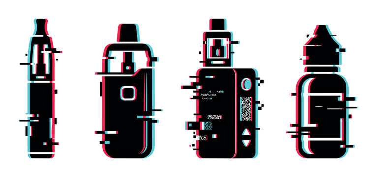 Vape pen, pod system, mod box, and e-liquid bottle icons with glitch effect, vector illustration