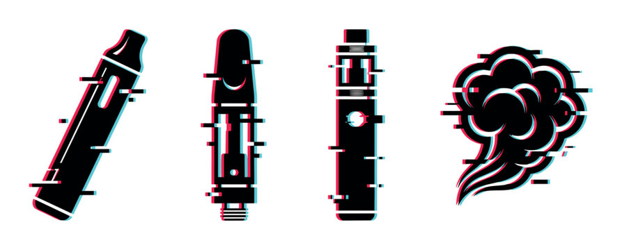 Vape pen electronic cigarette devices and smoke cloud icons with glitch effect, vector illustration