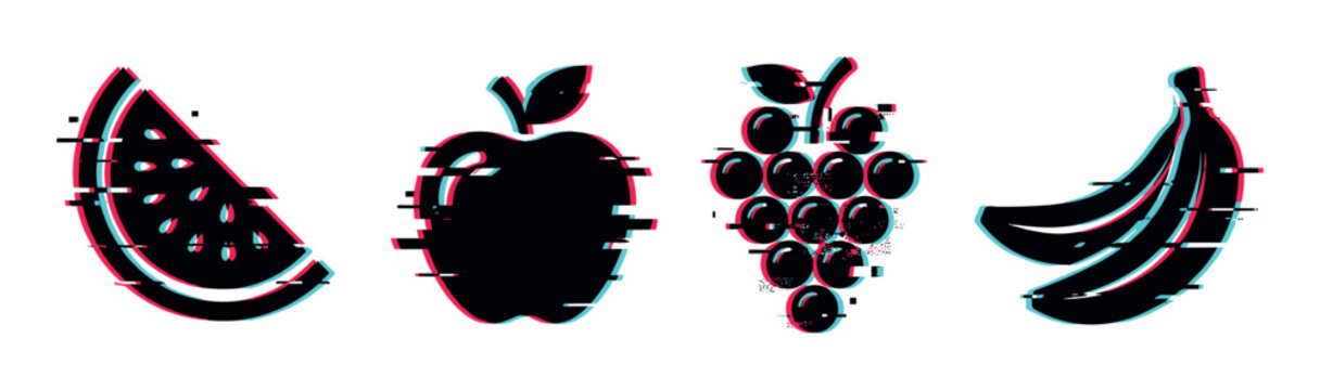 Watermelon apple grapes banana fruits glitch effect icon set with distorted digital signal style