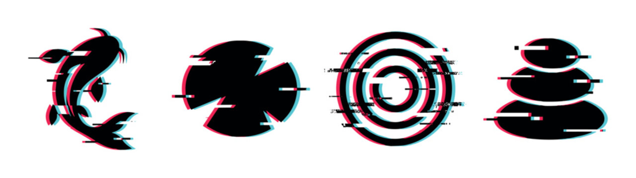 Koi fish, shuriken, target, and zen stones icons with modern glitch effect vector illustration