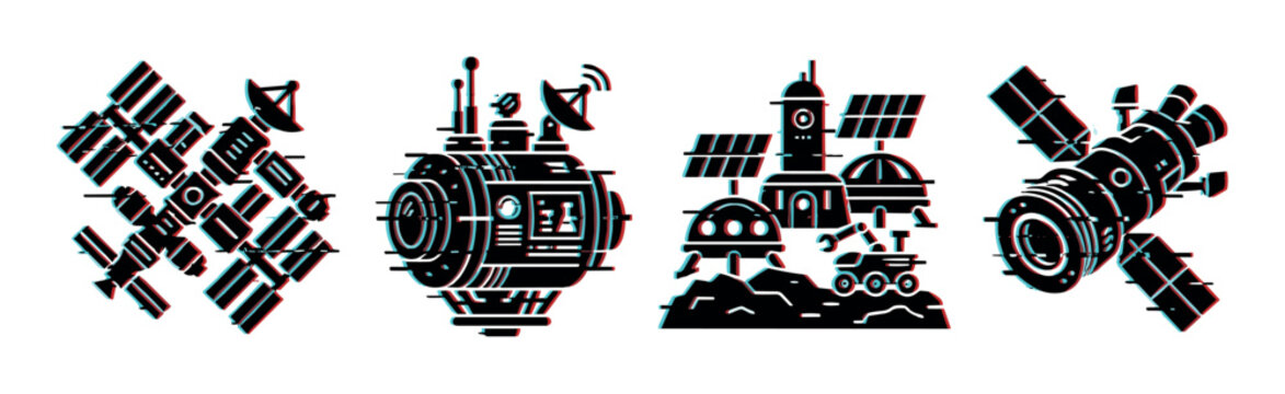 Space station satellite observatory rover icons with glitch effect, a set of vector illustrations depicting cosmic exploration and technology