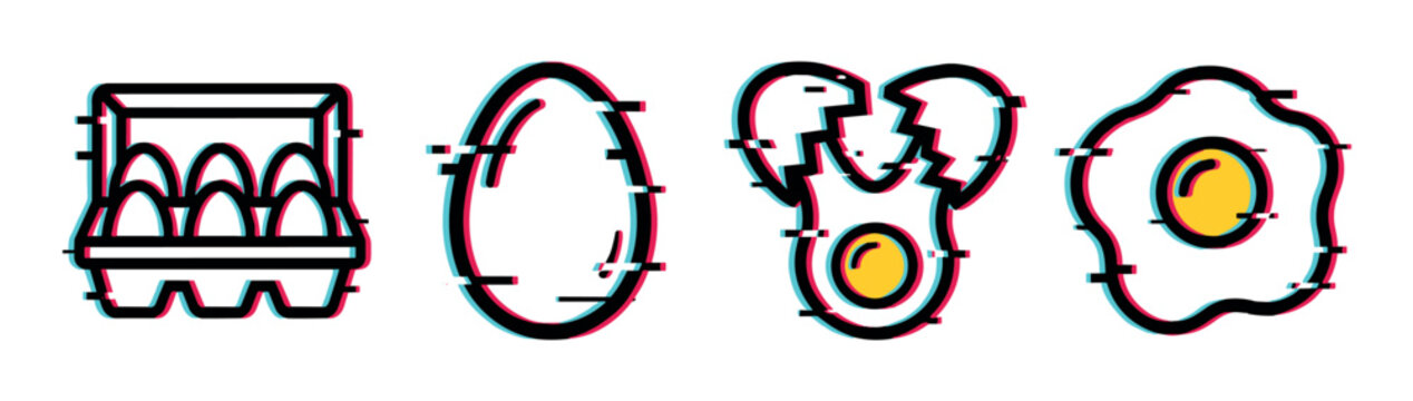 Egg carton, whole egg, cracked egg, and fried egg icons with glitch effect, vector illustration