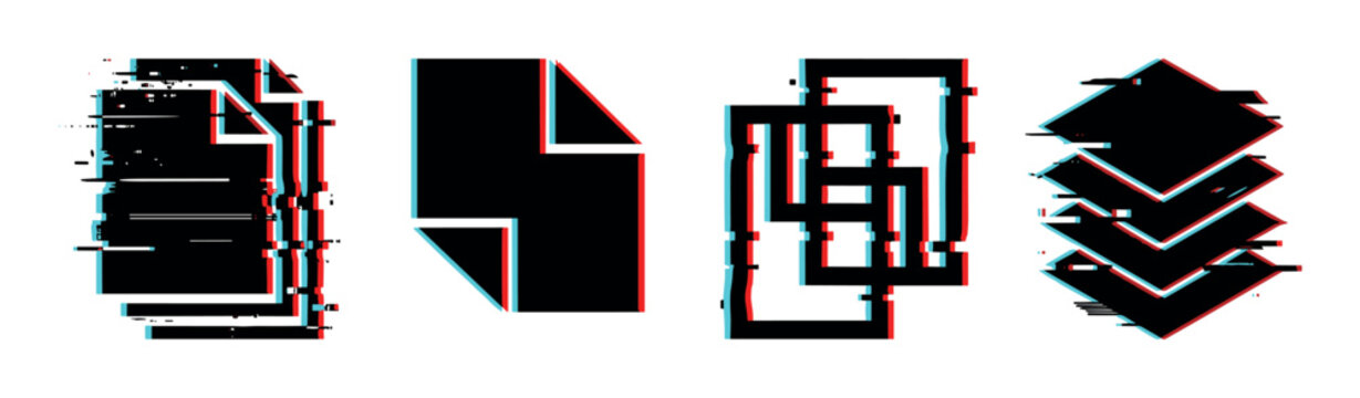 Document file folder stack icons with glitch effect, digital data error concept vector illustration
