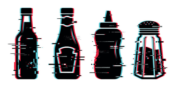 Sauce bottles ketchup mustard salt shaker icons with glitch effect, digital distortion, and cyber error lines