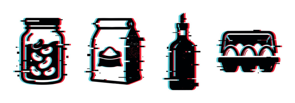 Beans jar, flour bag, bottle, and egg carton icons with a modern glitch effect vector illustration