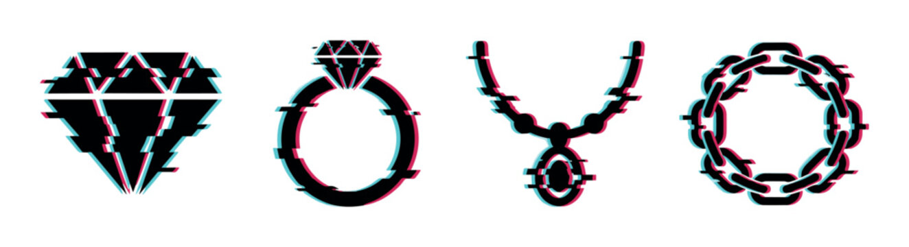 Diamond ring necklace chain jewelry icons with glitch effect, vector illustration in flat design style