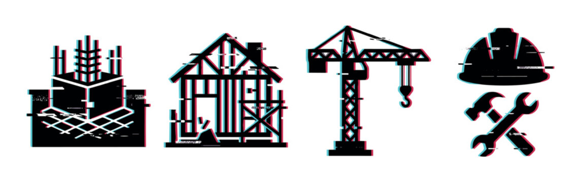 Building construction site house crane hard hat tools icons with glitch effect, vector illustration