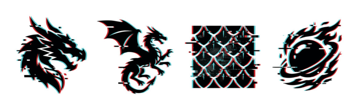 Dragon head, full body dragon, scales pattern, and fireball icons with glitch effect, vector illustration set