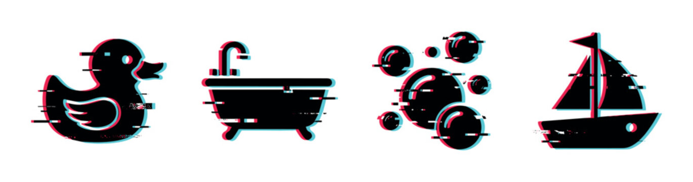 Rubber duck bathtub bubbles sailboat icons with glitch effect, perfect for children's bath time themes