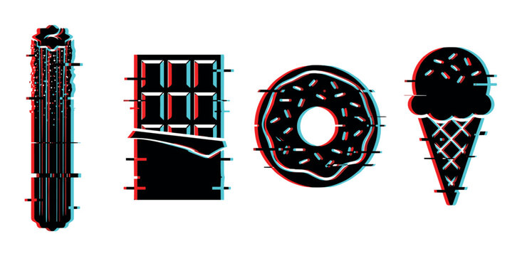 Churro chocolate bar donut ice cream cone icons with a modern glitch effect vector illustration