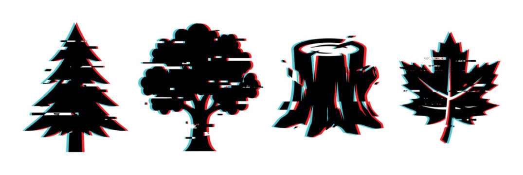 Pine tree, oak tree, tree stump, and maple leaf icons with a modern glitch effect vector illustration