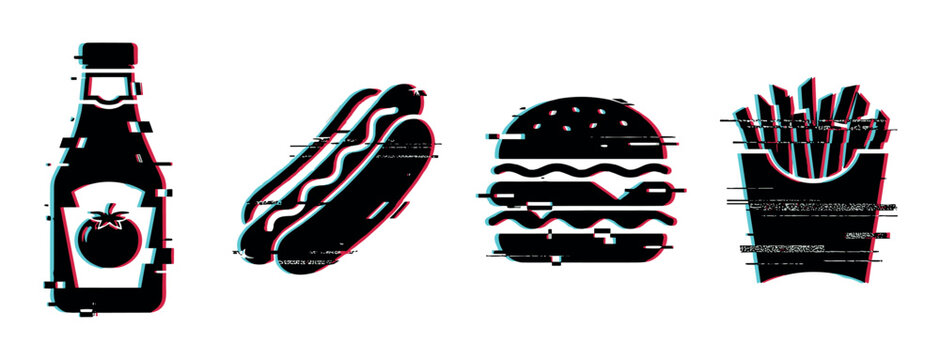 Ketchup bottle hot dog hamburger french fries icons with glitch effect, fast food vector illustration set