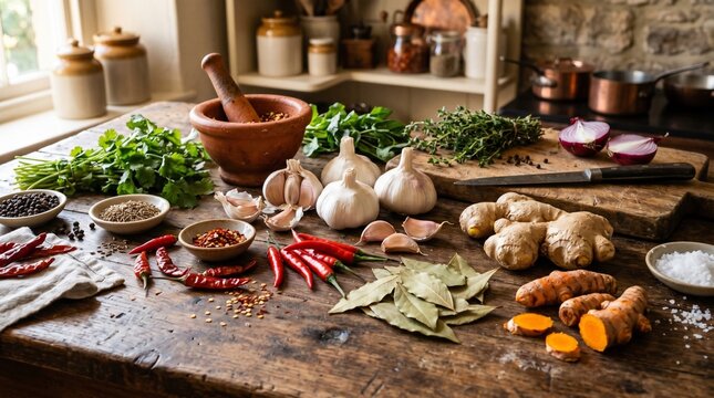 Culinary ingredients arranged rustic table
