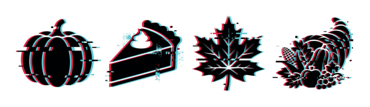 Pumpkin pie maple leaf cornucopia icons with glitch effect, perfect for Thanksgiving and autumn themes