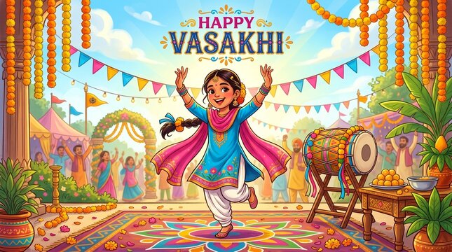 Vaisakhi Festival Celebration Vector Illustration Featuring a Young Punjabi Girl Dancing with Dhol Drum, Marigold Flowers, and Festive Background for Baisakhi Holiday