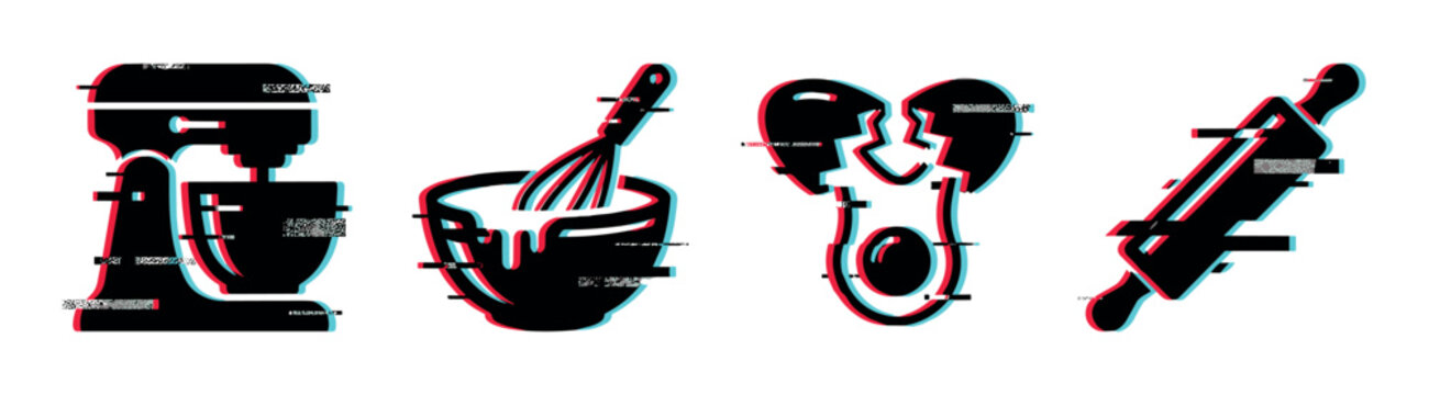 Stand mixer, whisk, cracked egg, and rolling pin baking icons with glitch effect
