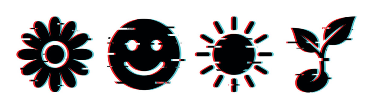 Flower smiley face sun plant sprout icons with glitch effect, vector illustration in black, red, and blue colors