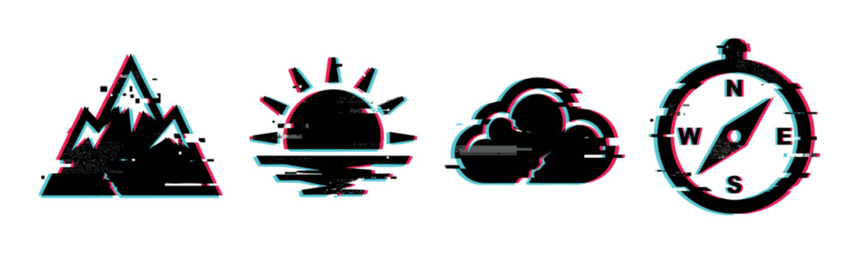 Mountains sun cloud compass icons with glitch effect, digital distortion, and pixel noise in a modern vector illustration set