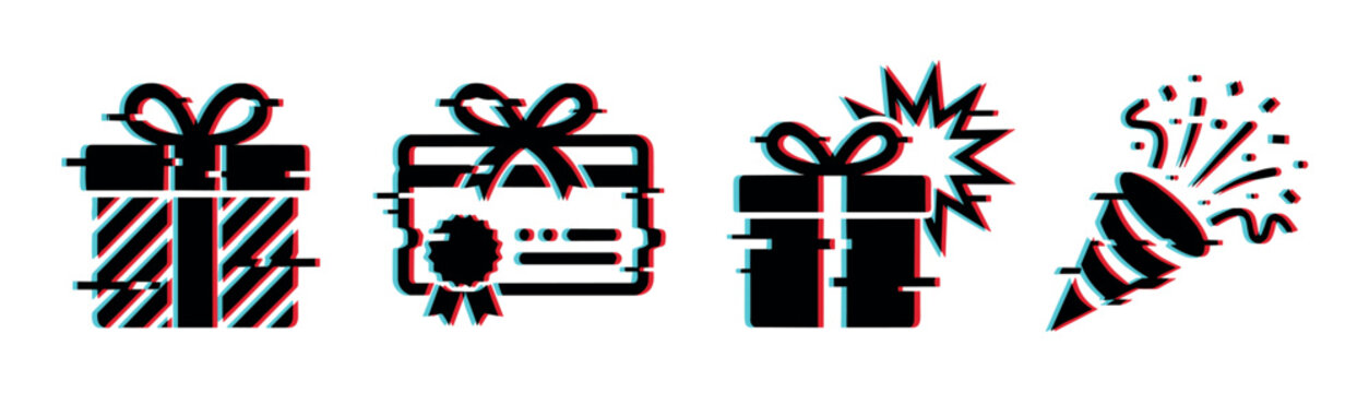 Gift box, certificate, exploding present, and party popper icons with glitch effect, vector illustration