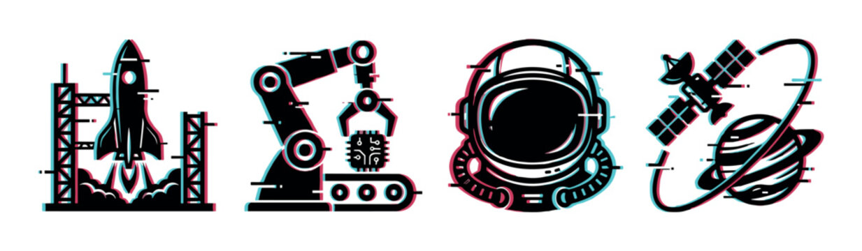 Rocket launch, robotic arm, astronaut helmet, and satellite planet icons with glitch effect, vector illustration
