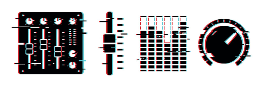 Audio mixer, fader, equalizer, and speedometer icons with a modern glitch effect vector illustration
