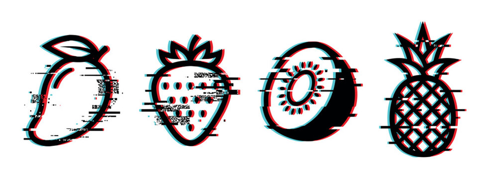 Mango strawberry kiwi pineapple fruit icons with digital glitch effect, vector illustration set
